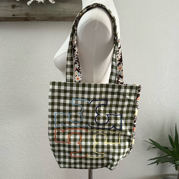 Tory Burch Handbags - Tory Burch Reverie Floral Print & Green Gingham Check Canvas Shopping Tote Bag‎